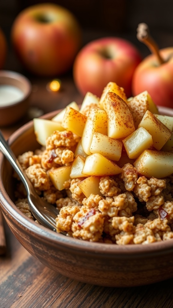 A bowl of baked apple oatmeal topped with apples and cinnamon, with a drizzle of syrup, in a cozy kitchen.